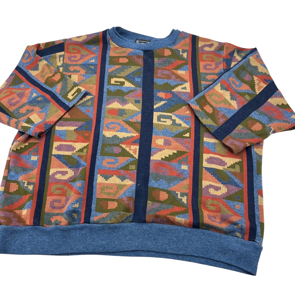 BonWorth Vintage Southwestern Geometric‎ Knit Short Sleeve Sweater Top Blue